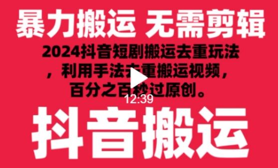 2024最新抖音搬运技术，抖音短剧视频去重，手法搬运，利用工具去重，达到秒过原创的效果【揭秘】-玩备项目资源网