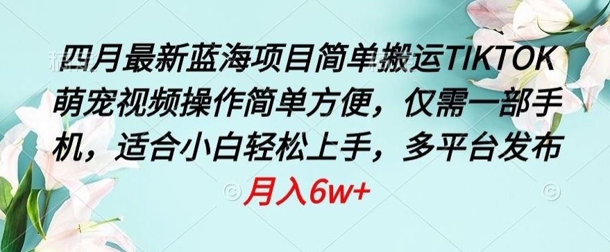 四月最新蓝海项目，简单搬运TIKTOK萌宠视频，操作简单方便，仅需一部手机【揭秘】-玩备项目资源网