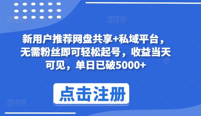 新用户推荐网盘共享+私域平台，无需粉丝即可轻松起号，收益当天可见，单日已破5000+【揭秘】-玩备项目资源网