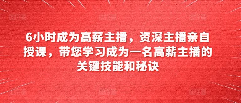 6小时成为高薪主播，资深主播亲自授课，带您学习成为一名高薪主播的关键技能和秘诀-玩备项目资源网