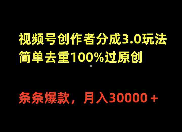 （10001期）视频号创作者分成3.0玩法，简单去重100%过原创，条条爆款，月入30000＋-玩备项目资源网