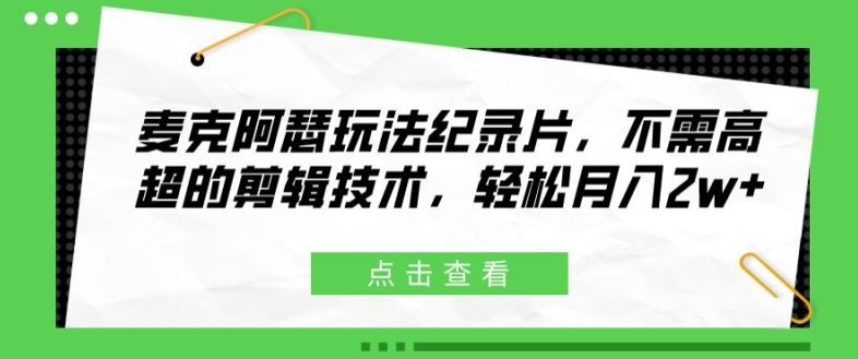 麦克阿瑟玩法纪录片，不需高超的剪辑技术，轻松月入2w+【揭秘】-玩备项目资源网