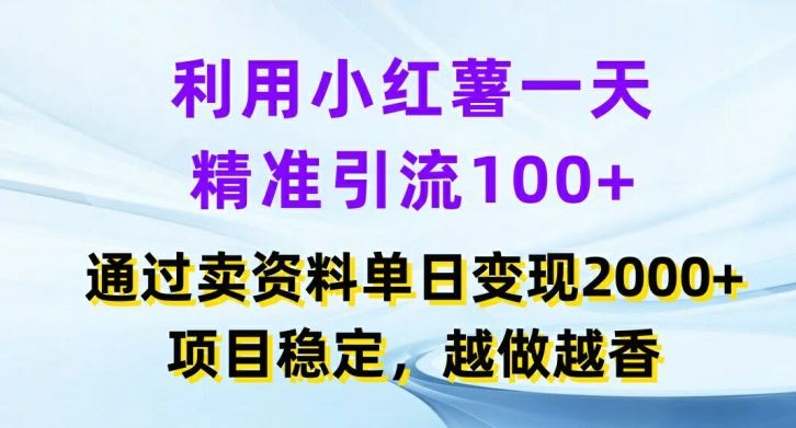 利用小红书一天精准引流100+，通过卖项目单日变现2k+，项目稳定，越做越香【揭秘】-玩备项目资源网