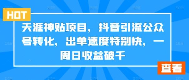 天涯神贴项目，抖音引流公众号转化，出单速度特别快，一周日收益破千-玩备项目资源网