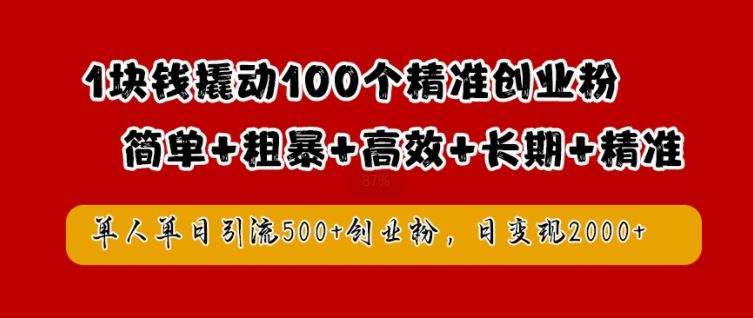 1块钱撬动100个精准创业粉，简单粗暴高效长期精准，单人单日引流500+创业粉，日变现2k【揭秘】-玩备项目资源网