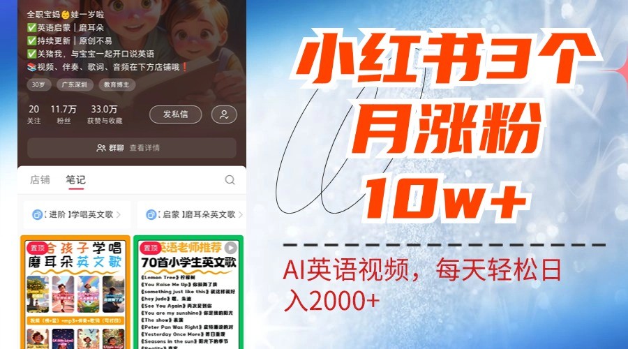 小红书三个月涨粉10W，AI英语视频0成本制作，每天轻松日入2000+-玩备项目资源网