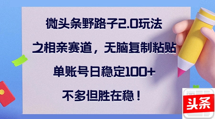 （12763期）微头条野路子2.0玩法之相亲赛道，无脑复制粘贴，单账号日稳定100+，不…-玩备项目资源网