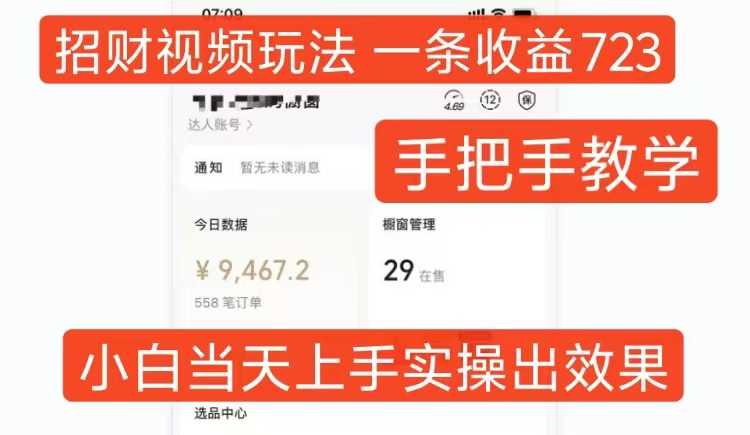 招财视频玩法，一条视频收益723，手把手教学，小白当天可上手-玩备项目资源网
