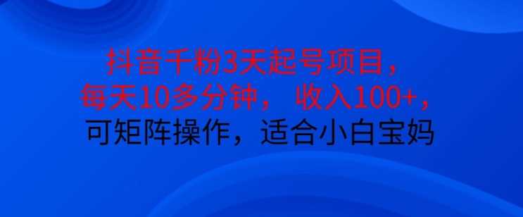 抖音干粉3天起号项目，每天10多分钟，收入100+，可矩阵操作，适合小白宝妈-玩备项目资源网