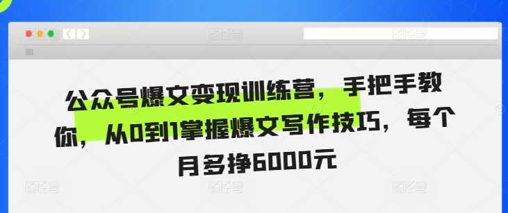 公众号爆文变现训练营，手把手教你，从0到1掌握爆文写作技巧，每个月多挣6000元-玩备项目资源网