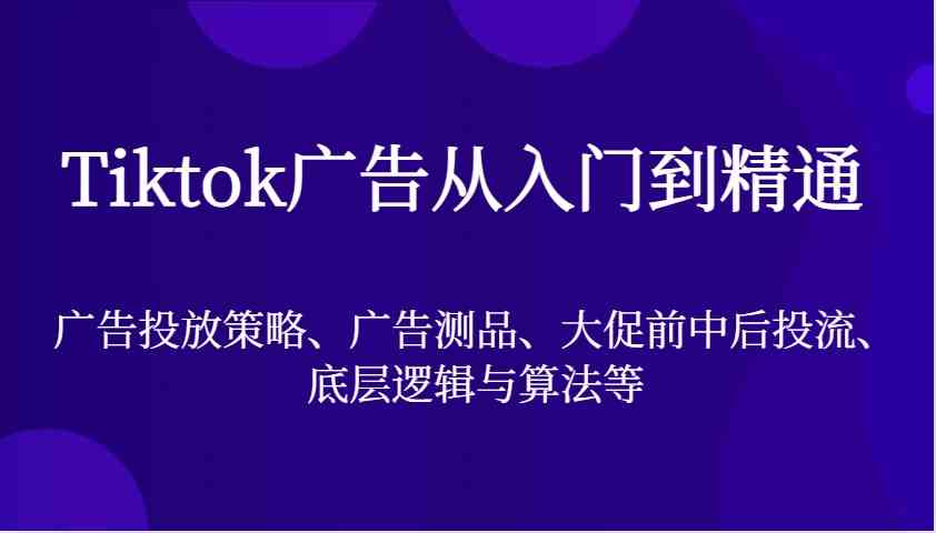 Tiktok广告从入门到精通，广告投放策略、广告测品、大促前中后投流、底层逻辑与算法等-玩备项目资源网