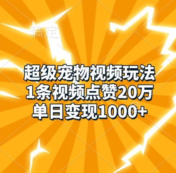 超级宠物视频玩法，1条视频点赞20万，单日变现1k-玩备项目资源网