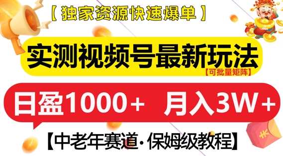 实测视频号最新玩法，中老年赛道，独家资源，月入过W+【揭秘】-玩备项目资源网