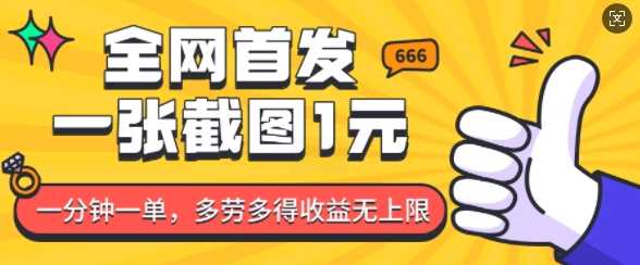 全网首发，一张截图1块钱，一分钟一单，多劳多得，收益无上限-玩备项目资源网