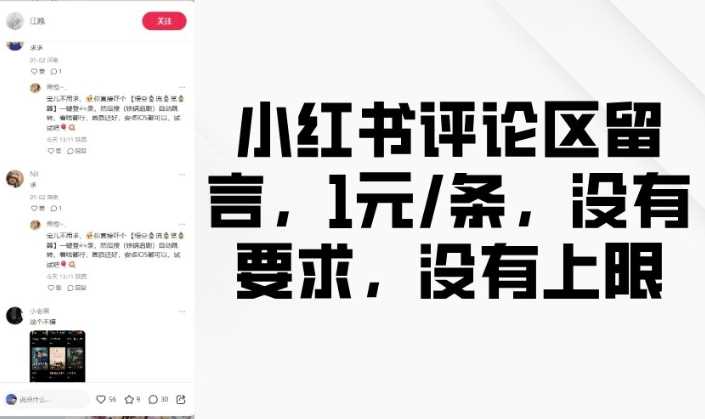 小红书评论区留言，1元条，没有要求，没有上限-玩备项目资源网