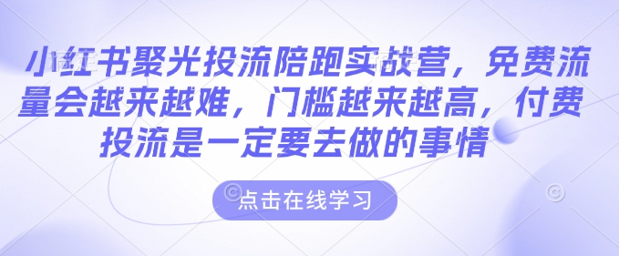 小红书聚光投流陪跑实战营，免费流量会越来越难，门槛越来越高，付费投流是一定要去做的事情-玩备项目资源网