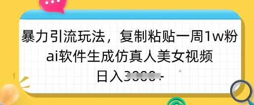 暴力引流玩法，复制粘贴一周1w粉，ai软件生成仿真人美女视频，日入多张-玩备项目资源网