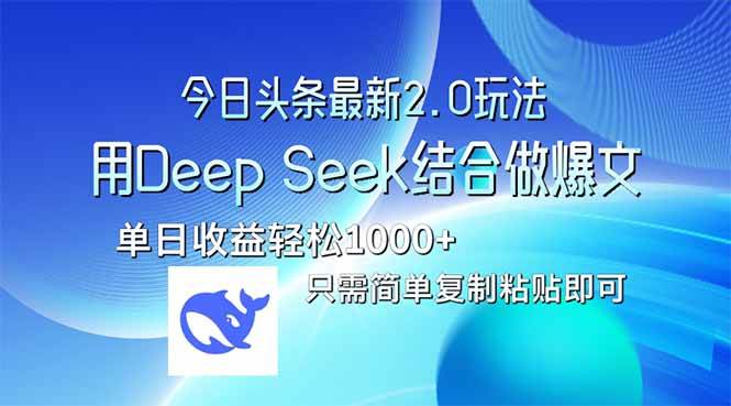 （14117期）今日头条最新2.0版本，用Deep Seek结合今日头条做爆文，单日收益轻松10…-玩备项目资源网