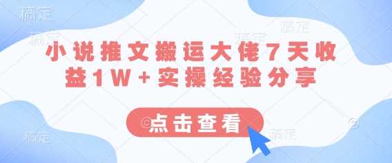 小说推文搬运大佬7天收益1W+实操经验分享-玩备项目资源网
