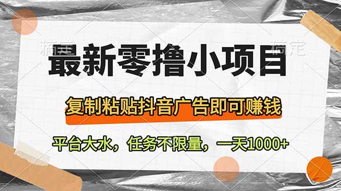 （14230期）最新零撸小项目，复制粘贴抖音广告即可赚钱，平台大水，任务不限量，一…-玩备项目资源网