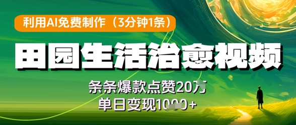 利用AI免费制作田园生活治愈视频，条条爆款点赞20W，单日变现几张-玩备项目资源网