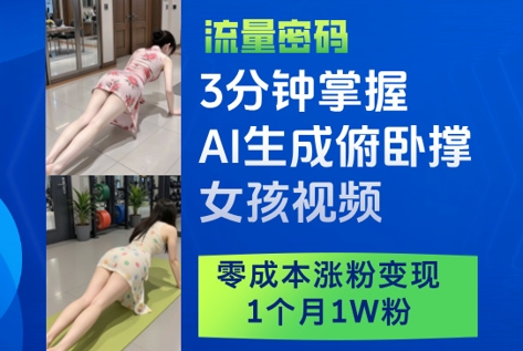 3分钟掌握AI生成俯卧撑女孩视频，零成本涨粉变现，1个月1W粉-玩备项目资源网
