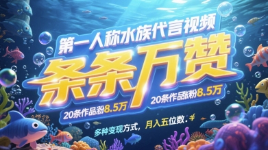 第一人称水族代言视频，条条万赞，20条作品涨粉7.8W，多种变现方式月入五位数-玩备项目资源网