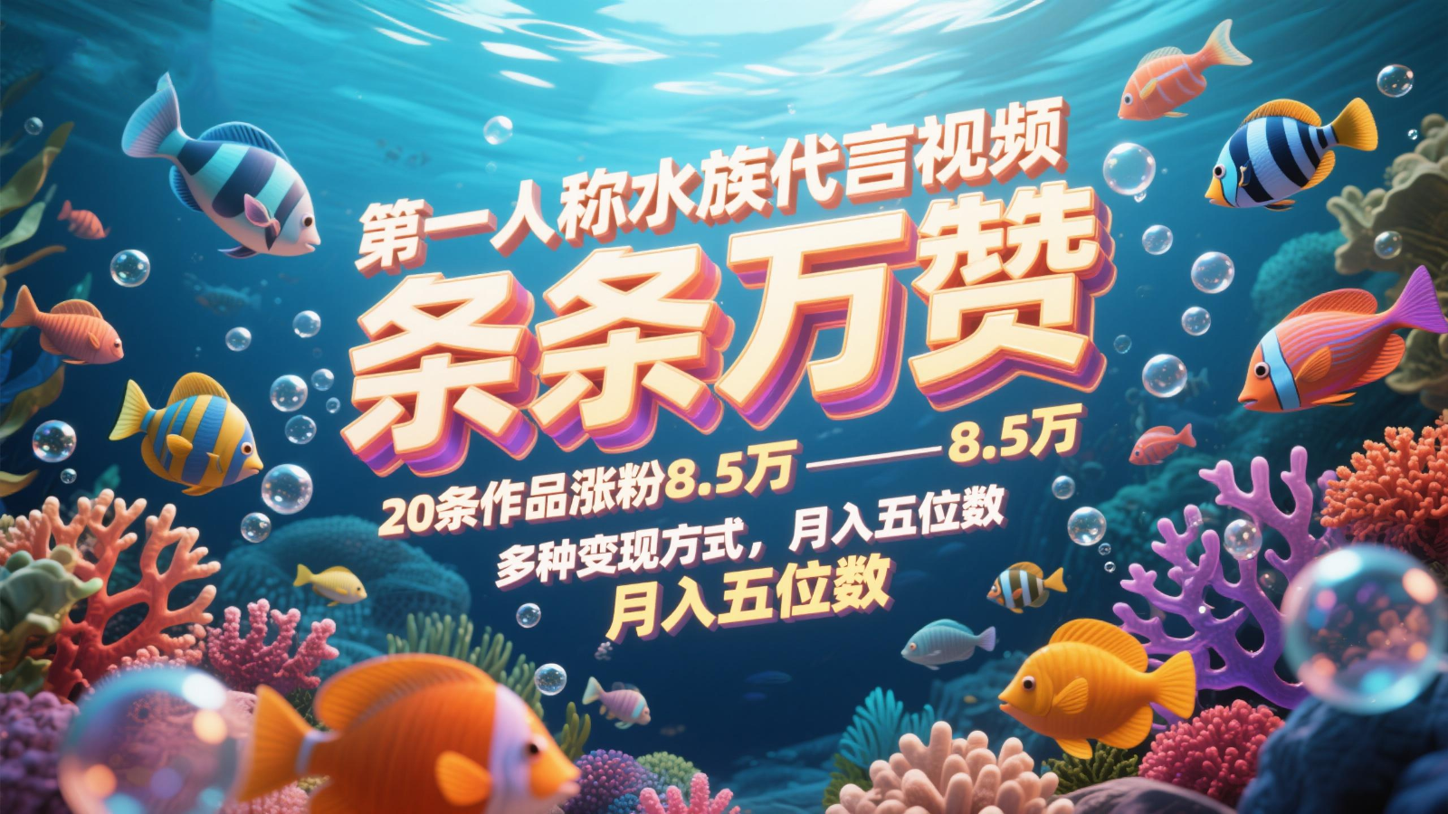 第一人称水族代言视频，条条万赞，20条作品涨粉8.5万，多种变现方式月，入五位数-玩备项目资源网