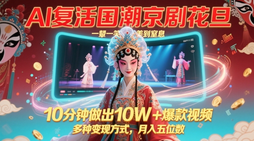 AI复活国潮京剧花旦，一颦一笑美到窒息，10分钟做出10W+爆款视频，多种变现方式，月入五位数-玩备项目资源网