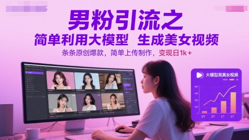 男粉引流之简单利用大模型生成美女视频，条条原创爆款，简单上传制作，变现日1k+-玩备项目资源网
