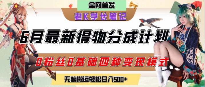 6月份最新得物创作者分成计划2.0玩法，0粉丝0基础四种模式变现，从隐蔽渠道无脑搬运，日入2张-玩备项目资源网