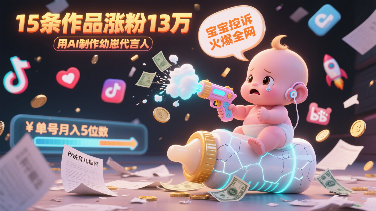 用AI制作幼崽代言人，宝宝的控诉火爆全网，15条作品涨粉13万，单号月入5位数实操教程-玩备项目资源网