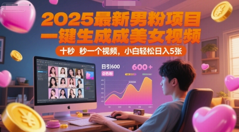 2025最新男粉项目，一键生成美女视频，日引600+色粉 十秒一个视频，小白轻松日入5张【揭秘】-玩备项目资源网
