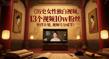 历史女性独白视频，13个视频10w粉丝，伙伴计划，视频号分成等-玩备项目资源网