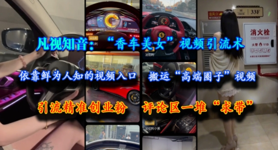 凡视知音：“香车美女”视频引流术，依靠鲜为人知的视频入口，搬运“高端圈子”视频，引流精准创业粉，评论区一堆“求带”-玩备项目资源网
