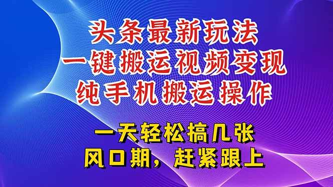 （15237期）今日头条最新玩法，一键搬运视频也能轻松变现，随随便便就爆百万流量，…-玩备项目资源网