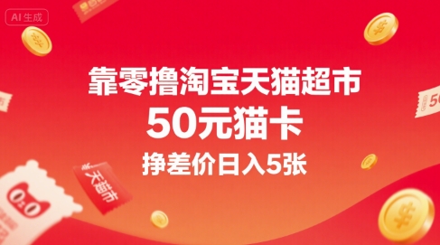 靠零撸淘宝天猫超市50元猫卡，挣差价日入5张-玩备项目资源网