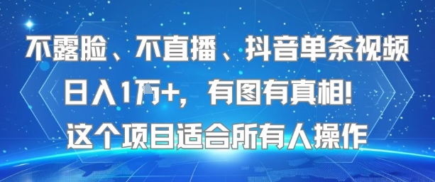 不露脸、不直播、抖音单条视频日入1W+，有图有真相！这个项目适合所有人操作-玩备项目资源网