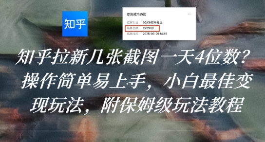 知乎拉新几张截图一天4位数？操作简单易上手，小白最佳变现玩法，附保姆级玩法教程-玩备项目资源网