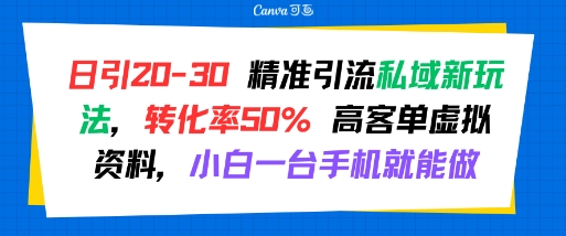 日引 20-30 精准引流私域新玩法，转化率50% 高客单虚拟资料，小白一台手机就能做-玩备项目资源网