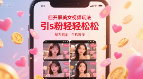 四开屏美女视频玩法，引s粉轻轻松松，暴力掘金，手机操作【揭秘】-玩备项目资源网