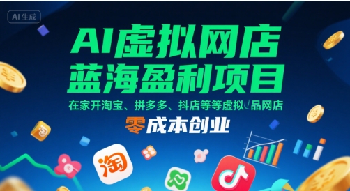 AI虚拟网店蓝海盈利项目，在家开淘宝、拼多多、抖店等虚拟品网店，零成本创业-玩备项目资源网