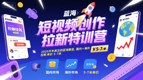 短视频创作拉新特训营，2025开年真正的蓝海赛道，国内+海外，拉新单价5-7米-玩备项目资源网
