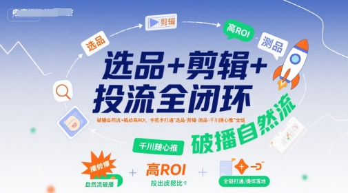 选品+剪辑+投流全闭环，破播自然流+撬动高ROI，手把手打通“选品-剪辑-测品-千川随心推”全链-玩备项目资源网