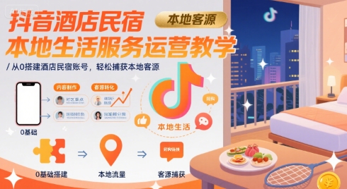 抖音酒店民宿本地生活服务运营教学，从0搭建酒店民宿账号，轻松捕获本地客源-玩备项目资源网