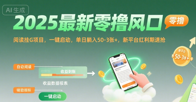 2025最新零撸风口，阅读挂G项目，一键启动，单日躺入 50-3张+，新平台红利期速抢【揭秘】-玩备项目资源网
