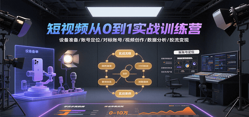 短视频从0到1实战训练营：设备准备/账号定位/对标账号/视频创作/数据分析/投流变现-玩备项目资源网