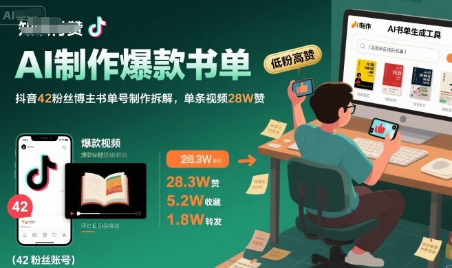 AI制作爆款书单，抖音42粉丝博主书单号制作拆解，单条视频28W赞-玩备项目资源网