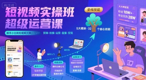 短视频实操班超级运营课，新手小白到短视频大神必修课程，剪辑-拍摄-运营-直播-变现-玩备项目资源网