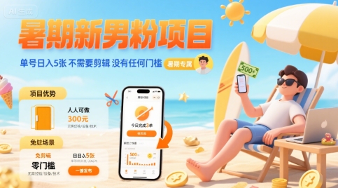 暑期新男粉项目 单号日入5张 不需要剪辑  没有任何门槛-玩备项目资源网